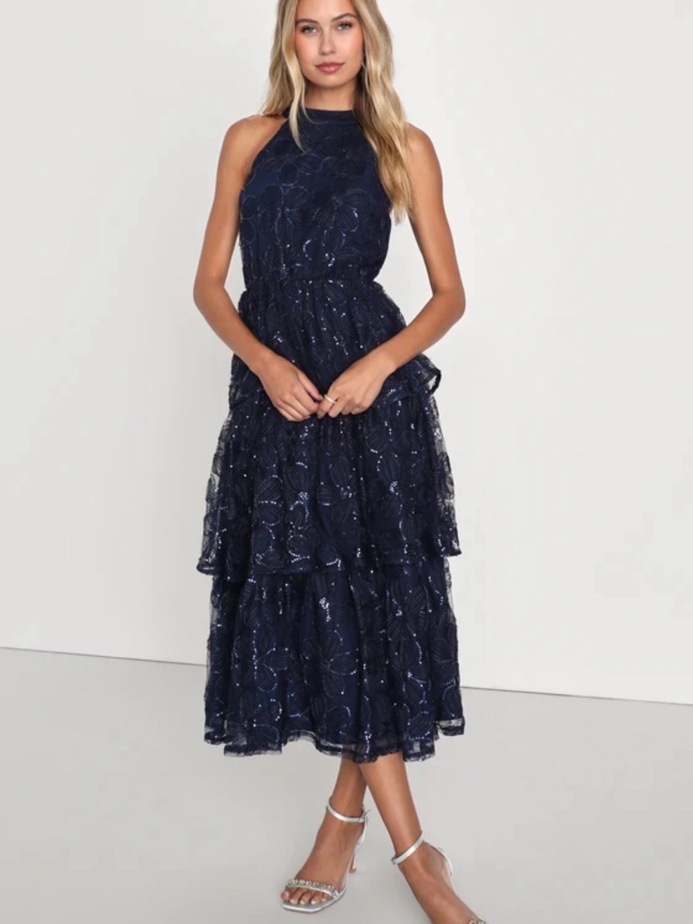 Lulu's Navy Sequined Tiered Midi Dress